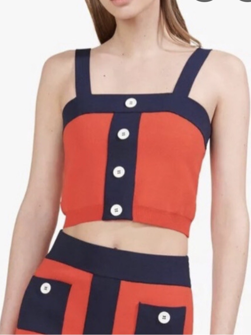 STAUD Tomato Red and Navy Button-Front Cropped Tank